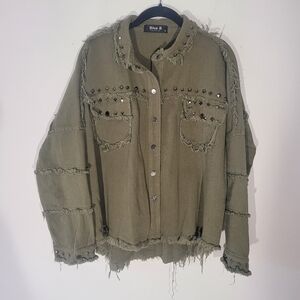 Blue B Collection Studded Army Green Jacket Midweight Cotton Military Distressed